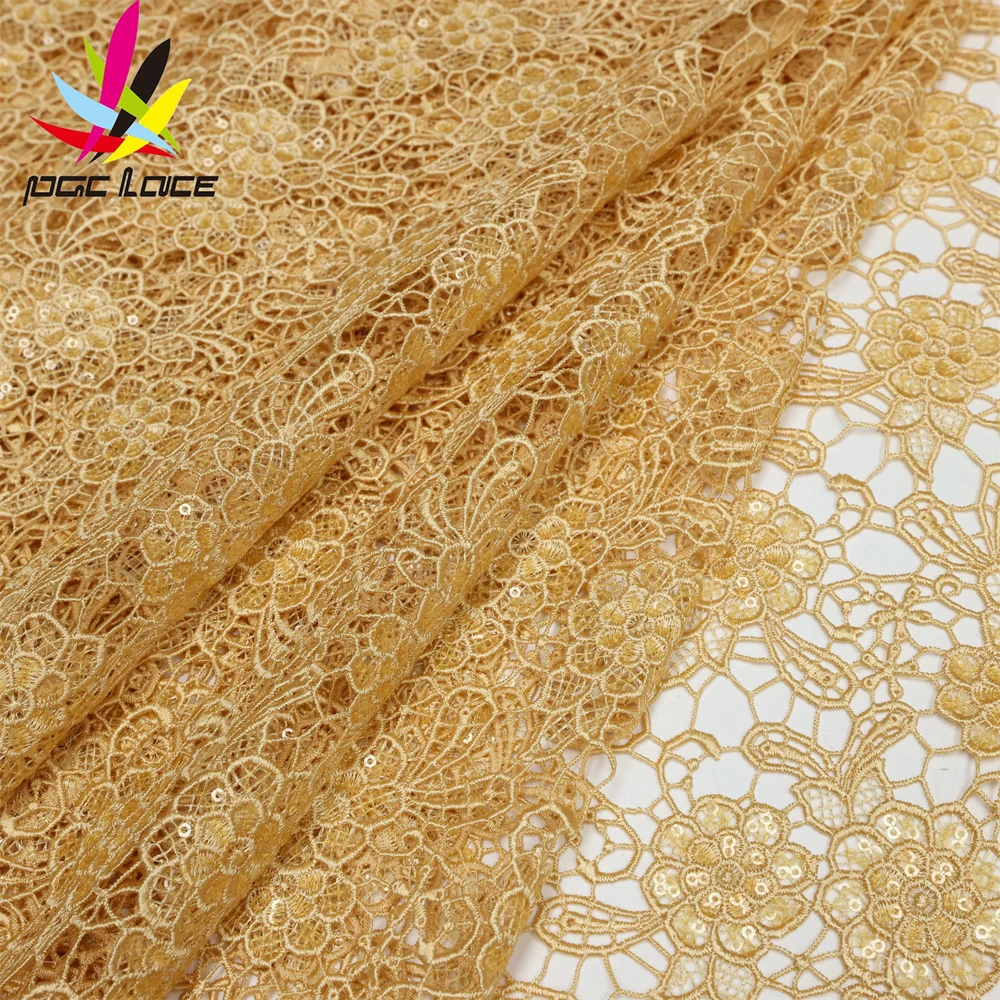 PGC Gold African Guipure Cord Lace Fabric 2023 High Quality Nigerian Sequins Lace Material 5 Yards For Wedding Sewing LY1461