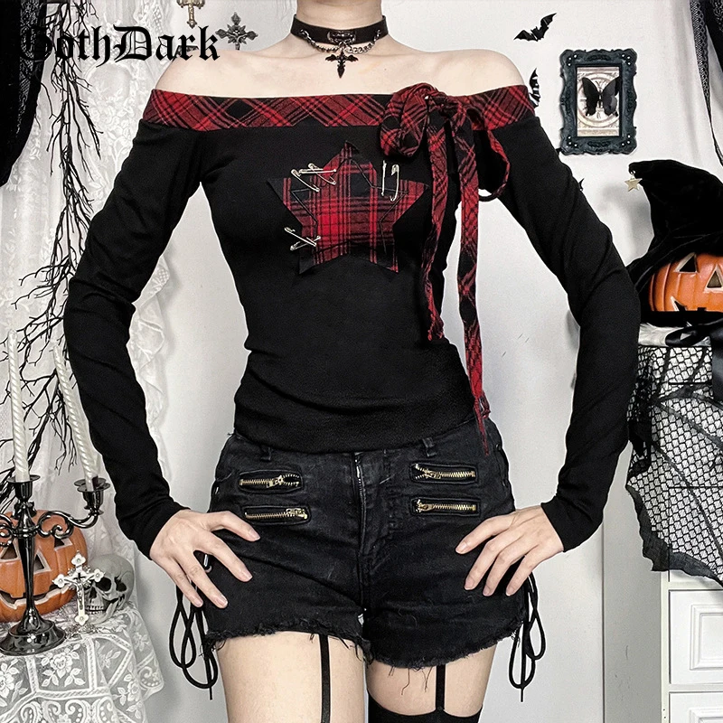 

Goth Dark Plaid Patchwork Print Off Shoulder Tops 90s E-girl Bandage Slim T-shirts Women Mall Gothic T-shirt Alternative Clothes