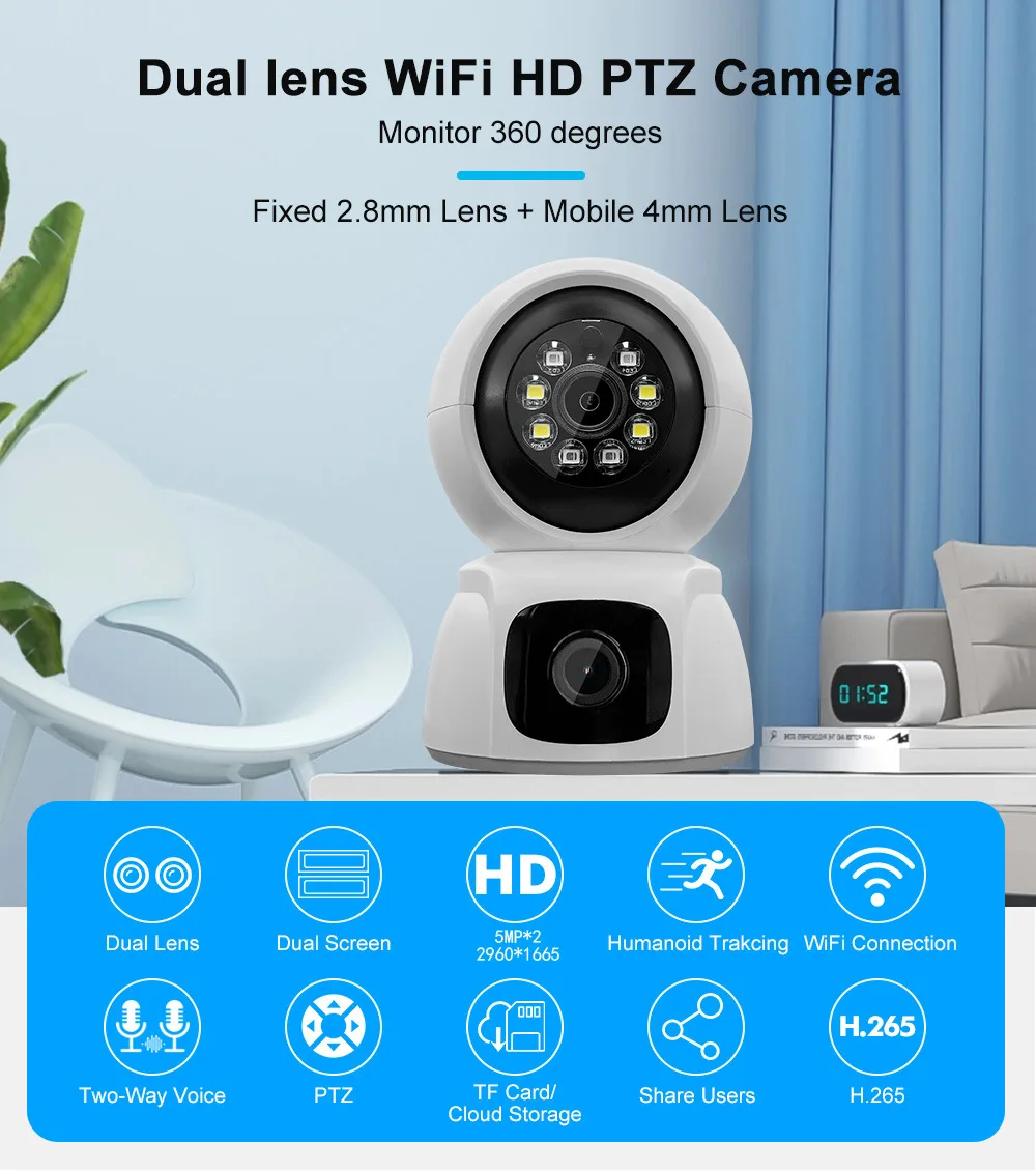 6MP واي فاي كاميرا IP عدسة مزدوجة شاشة مزدوجة مراقبة الطفل 4X التكبير المنزل كاميرا أمنية واي فاي PTZ تتبع السيارات CCTV مراقبة الفيديو