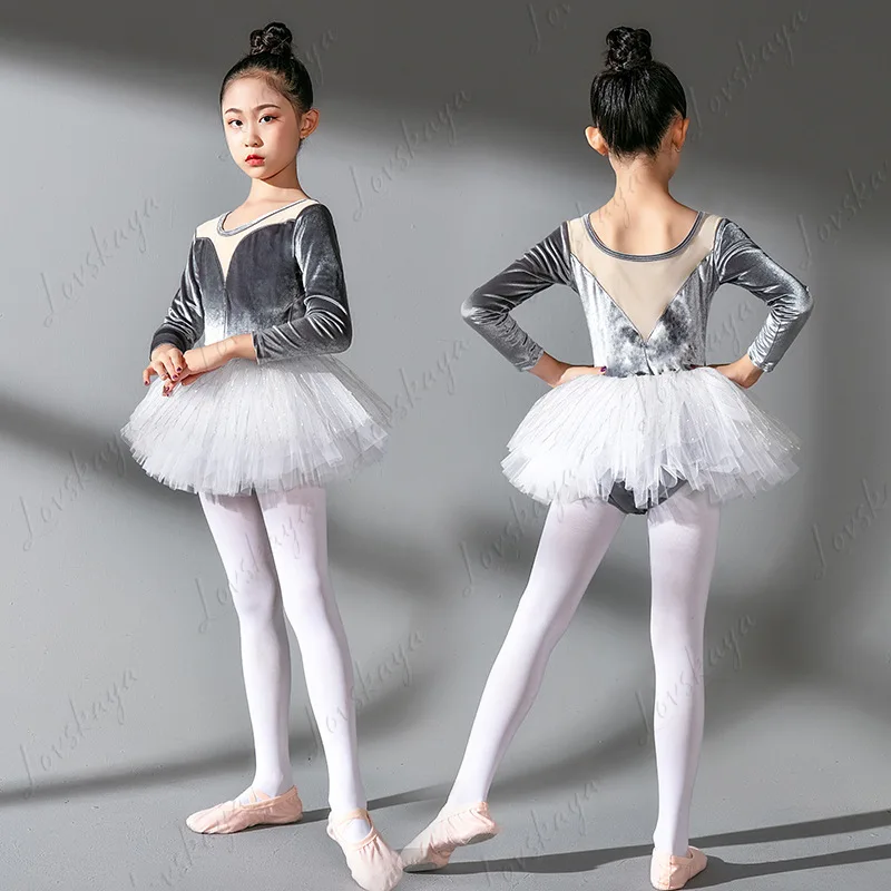 

Весенне-осенняя одежда для выступлений с длинными рукавами, цельная тренировочная одежда золотого бархата, детская осенняя новая балетная юбка