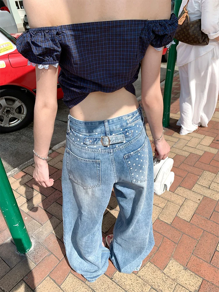 plus Size American Star Print Paris Button Denim Jeans Women's New Washed Loose Straight Leg Wide Leg Long Pants
