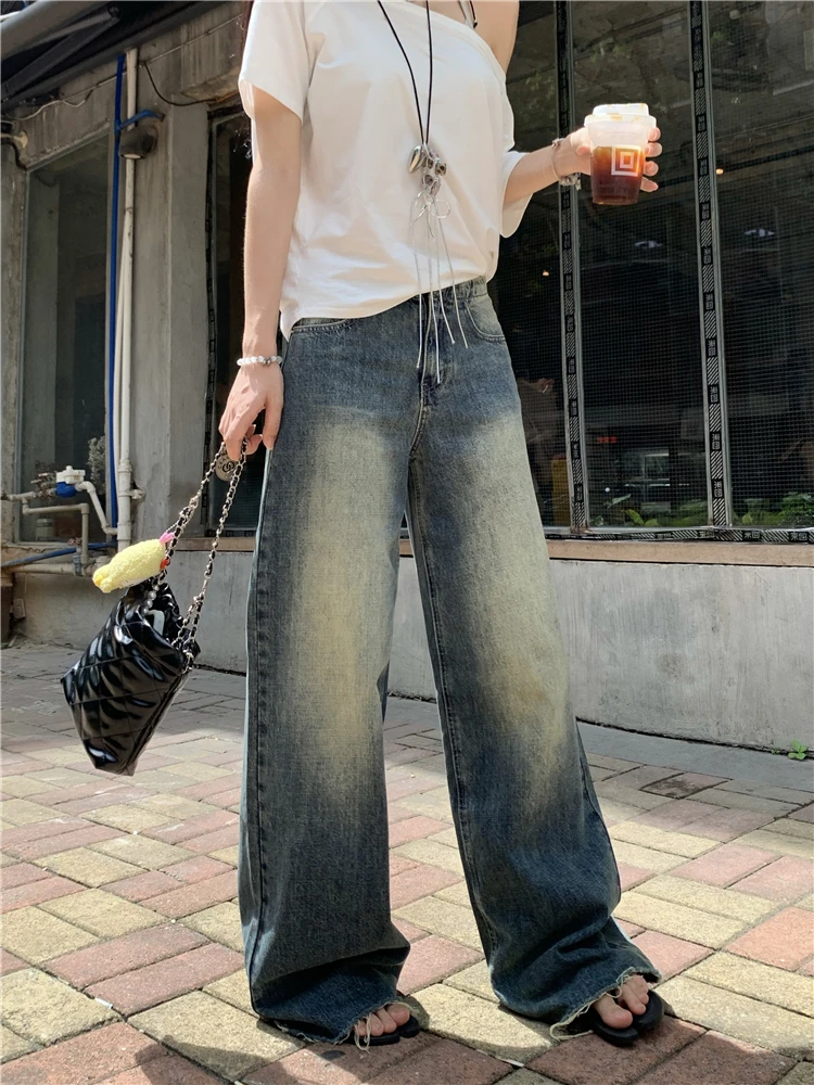 

Benuynffy Y2k Street Retro Washed Raw Hem Distressed Jeans Women's Casual Fashion High Waisted Baggy Straight Wide-leg Pants