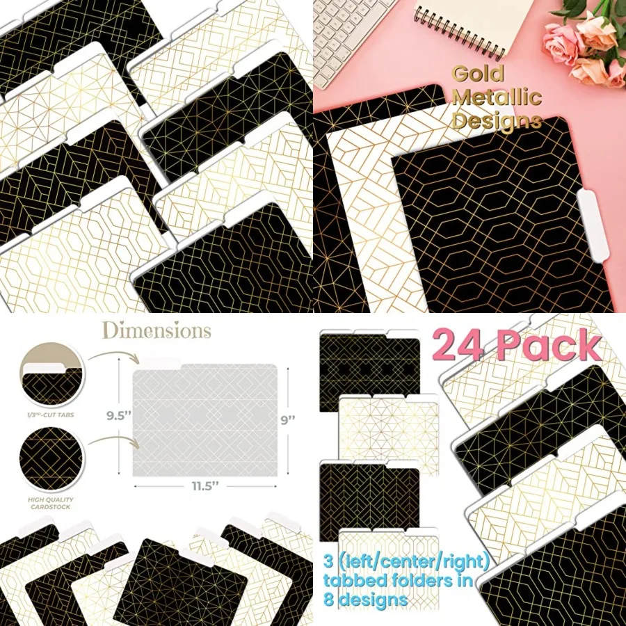 Mejore su espacio de trabajo con elegantes carpetas de archivos decorativas: paquete de 24 tamaños de letras 9,5 x 11,5 Stock pesado 1/3 pestañas cortadas 8 Un