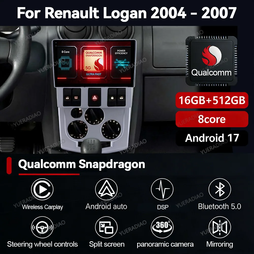 Radio para Auto Android 17 para Renault Logan 1 L90 2004 - 2009, GPS NAVI, 4G WIFI, BT, Reproductor Multimedia de Video, Unidad Principal 2DIN QLED LTE 5G