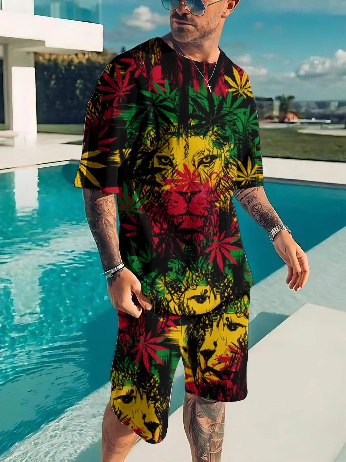 

Men Set 2 Piece Summer T Shirt Shorts Suit Fashion Weeds Pattern Print Short Sleeve Male Tees Streetwear Casual Track Suits