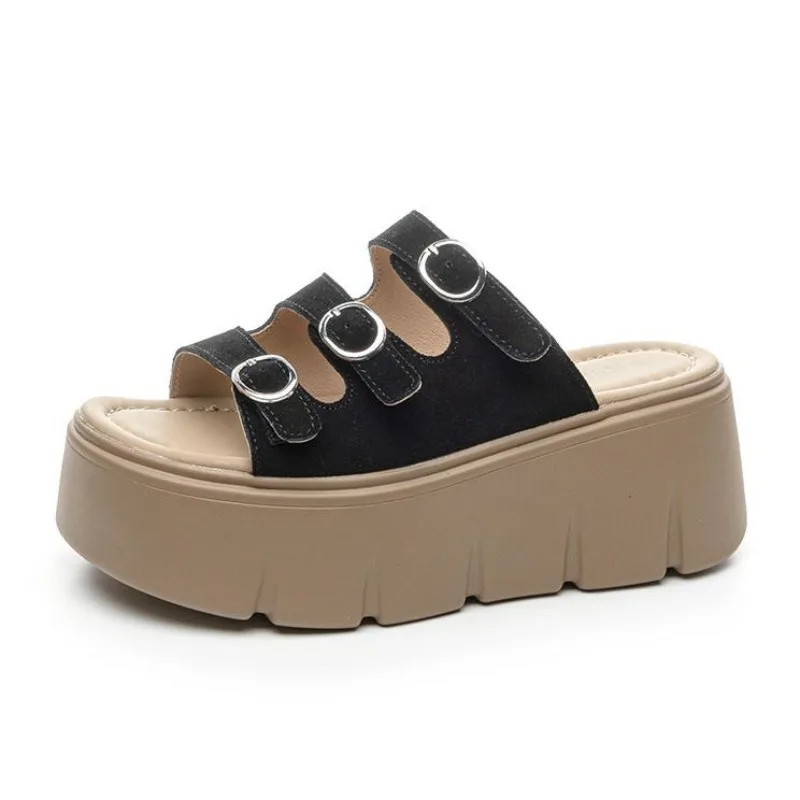 

7 см замшевые сандалии из натуральной кожи из синтетической микрофибры, летние тапочки на плоской подошве, женские массивные кроссовки, тапочки, туфли на танкетке на платформе