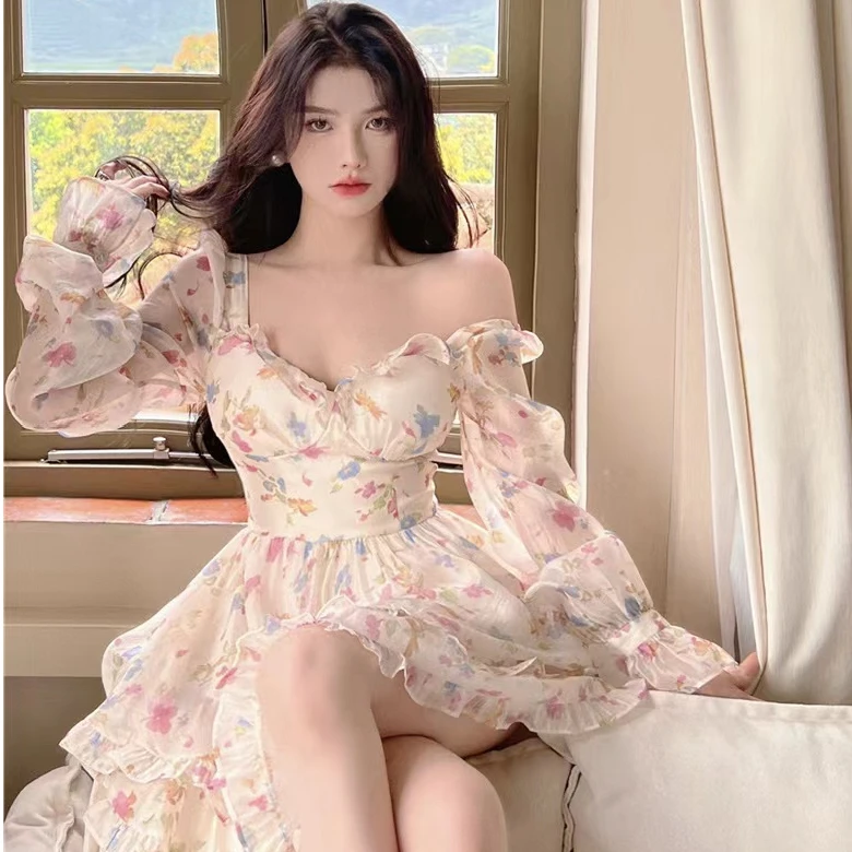 Pure Desire Sweet Floral Print Dr Damen Herbstsaison Hohe Taille Schlankmachender A-Linien-Rock Lang Sve One-Shoulder Dr