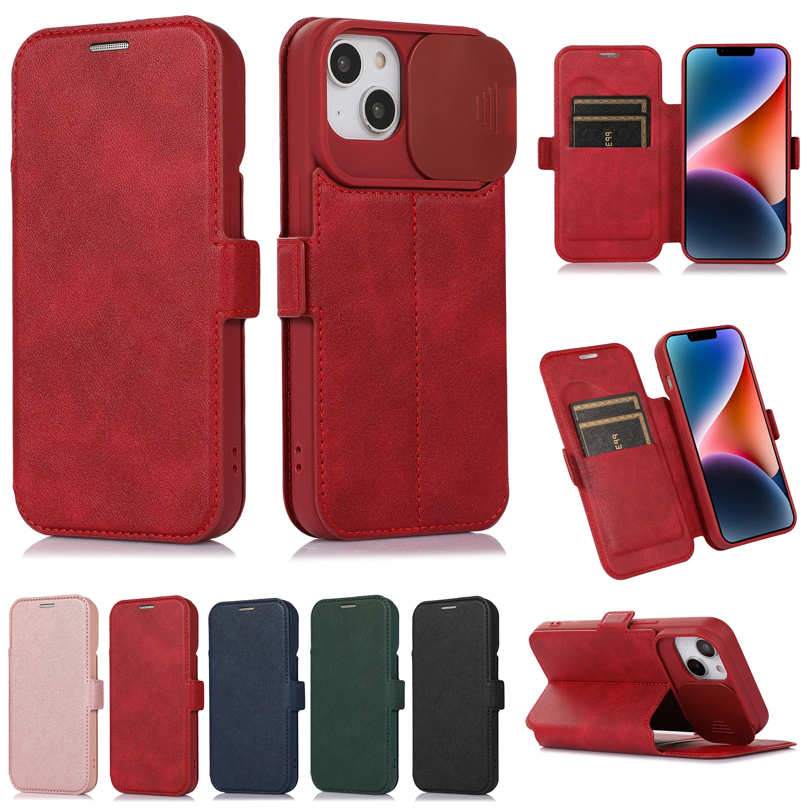 Flip Leather Case With Slide Camera Protection For iPhone 14 13 12 11 Pro Max 7 8 14 Plus X XS Max XR Card Slot Stand Back Cover