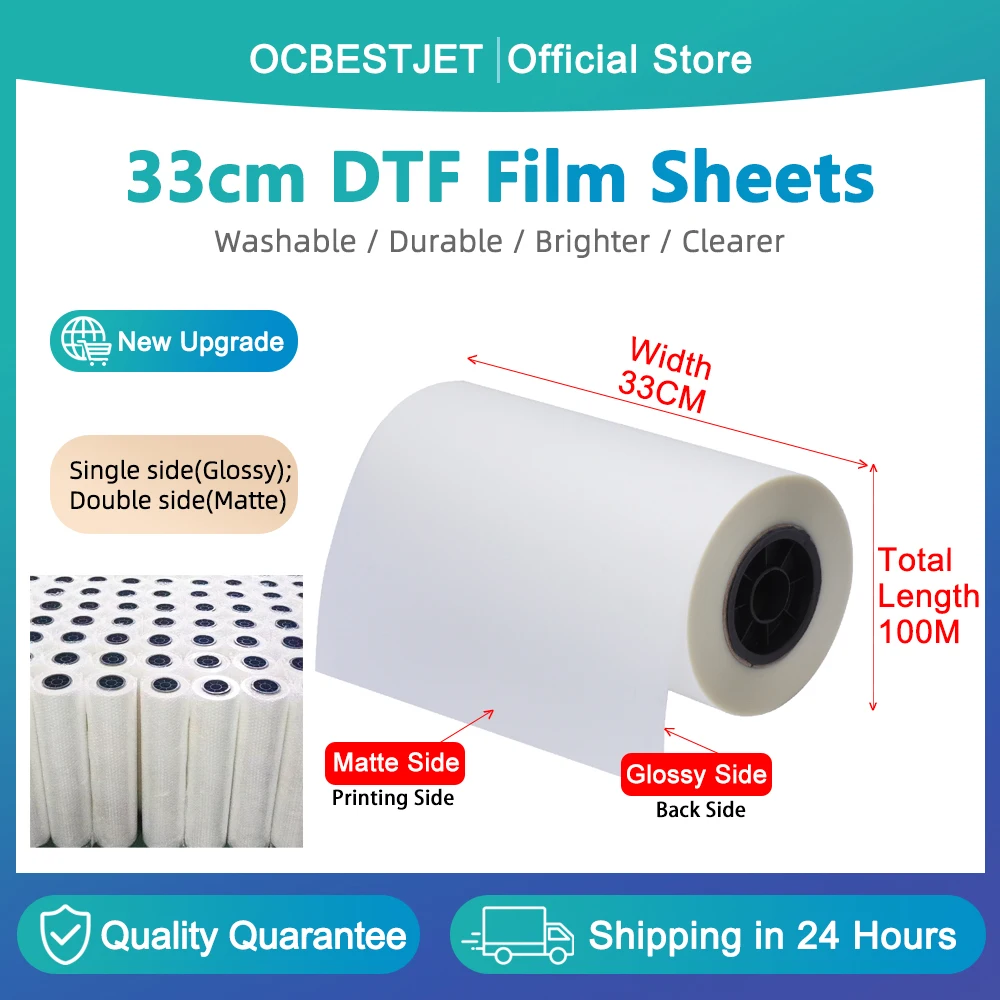 33cm*100m A3+ Roll DTF PET Transfer Film 75um For Direct Transfer Film Printing For Epson L1800 L800 XP600 1390 TX800 DX5 i3200