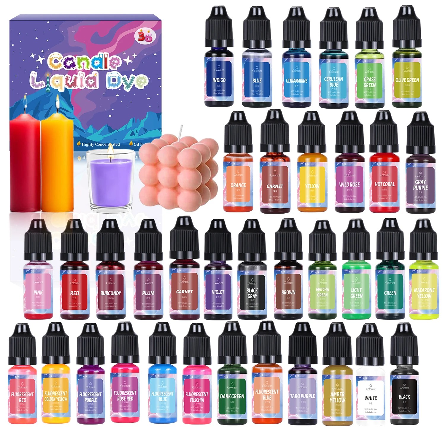 36colors Candle Dyes Kit Liquid Colorant Pigment Set DIY Candle Making Supplies Aromatherapy Soap Soy Wax Dye Candle Coloring