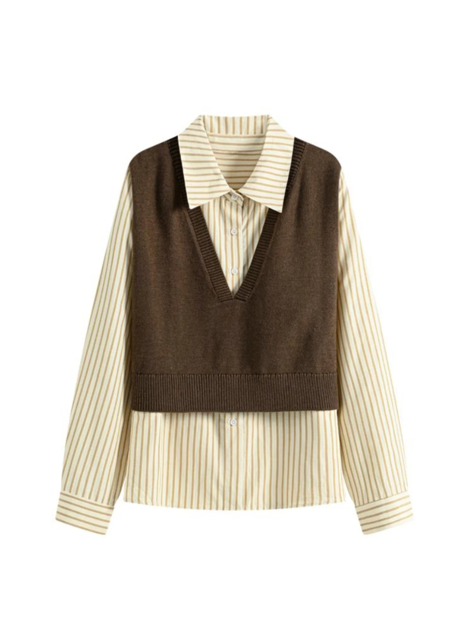 

Женские коричневые лоскутные полосатые рубашки, блузки, винтажные элегантные эстетичные рубашки оверсайз с длинными рукавами 2000-х годов, весенне-осенняя одежда