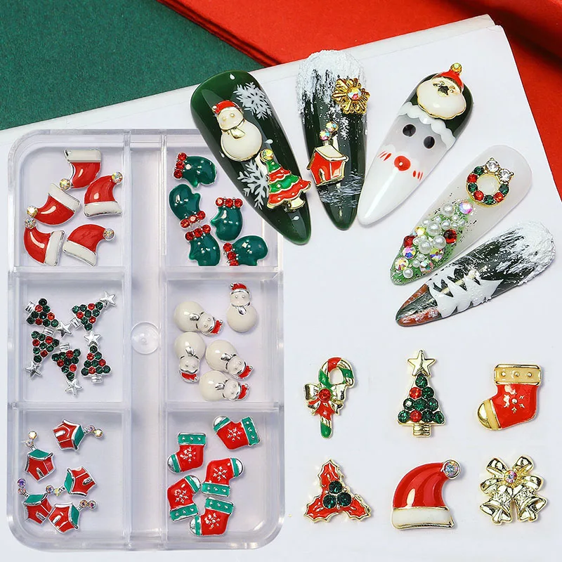 

6 Designs Christmas Tree Sock Snowflake Nail Art Decorations Alloy Metal DIY 3D Nail Rhinestones Accessories Jewelry Tools