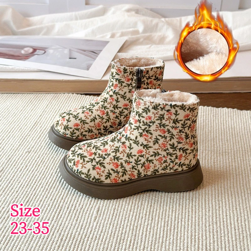Girls Large Cotton Boots Fall Winter New Sweet Floral Print Fleece-Lined Thickened Kids Cotton Shoes Children's Ankle Boots