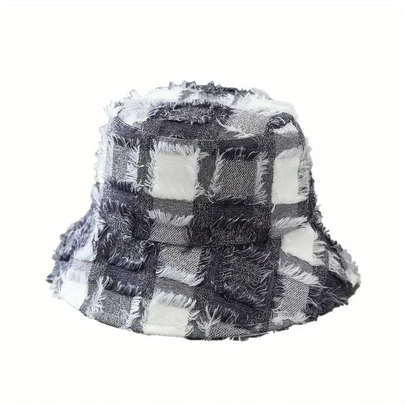 

Cotton Distressed Fisherman Hat Plaid Pattern Frayed Edge Design Summer Sun Protection Bucket Hat for Women Outdoor