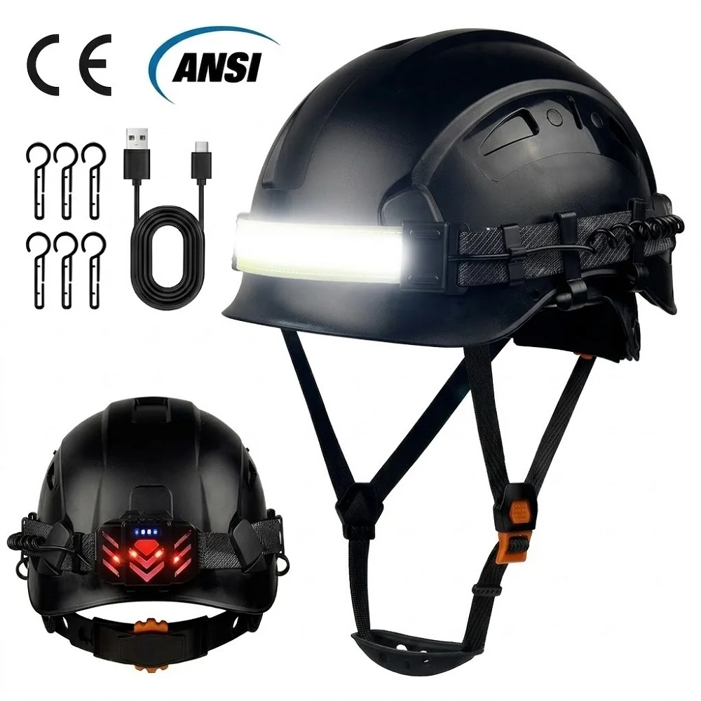 CE ABS Safety Helmet with LED Headlight Strip Warning Tail Light 4 Modes Lightweight Hard Hat Construction Night Work PPE