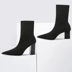 Size 33-41 Short Boots Knitted Spring And Autumn Black Socks Boots Chunky High Heel Shoes Stretch Thin Boots For Women