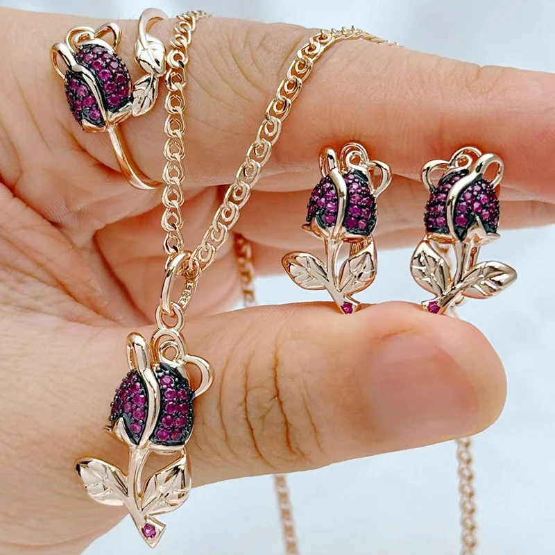 Kinel Hot 585er Roségold und Schwarzgold Mix Blumenring Ohrringe Halskette für Frauen Vollständiger natürlicher Zirkon Tägliches Vintage-Schmuckset