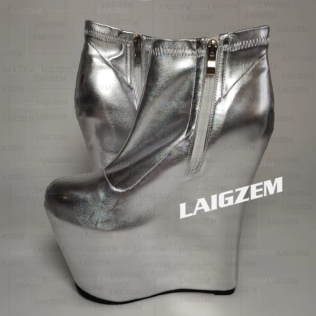 

LAIGZEM Women Ankle Boots Platform 20CM High Heels Side Zip Faux Leather Short Boots Club Ladies Shoes Woman Big Size 39 41 47