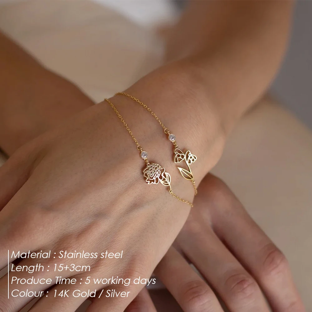 EMANCO December Flower Charm Bracelets Birthstone Pendant Bracelet for Women Fashion Stainless Steel Jewelry Accessories Gift