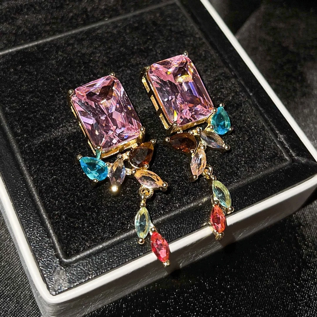 925 Sterling Silver Light‑Luxury Fashion Geometric Irregular Color‑Blocked Square‑Marquise Diamond Drop Earrings