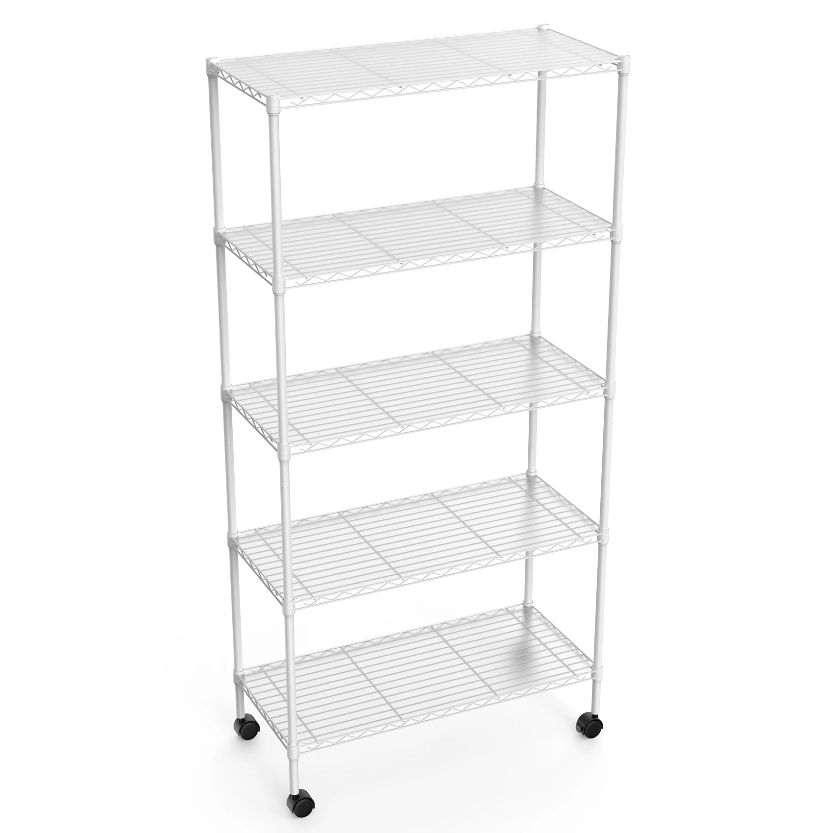 NSF Authentication Adjustable Carbon Steel Wire Shelves, 5-Layer Shelf Unit, Wheel Storage Rack, Suitable for Living Room, 5PCs