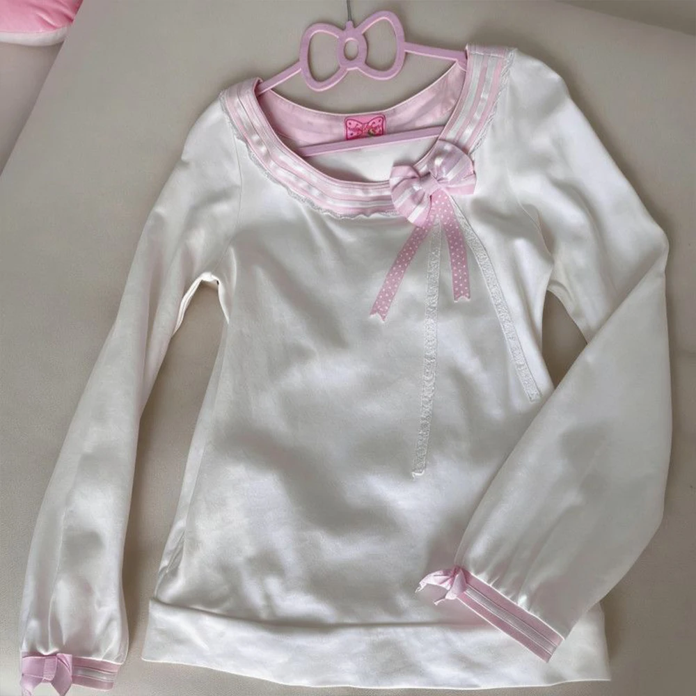 

Japanese Sweet Lolita Pink Round Neck Long Sleeve T-Shirt for Women's Cute Bow White Fashionable Casual Cute Women's Y2K Top