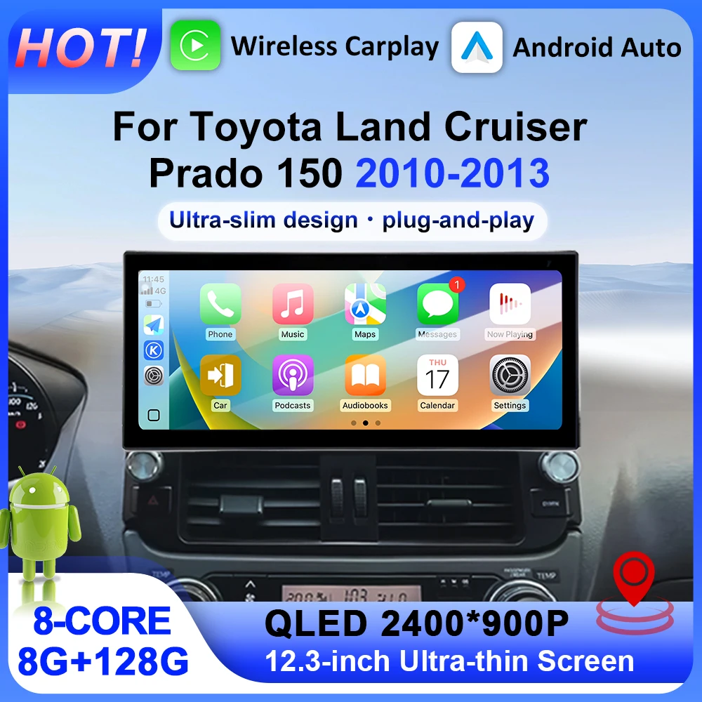 GPS Navi For Toyota Land Cruiser Prado 150 2010-2013 Wireless Carplay Android Auto BT WiFi 4G 12.3-inch QLED Screen Auto tools