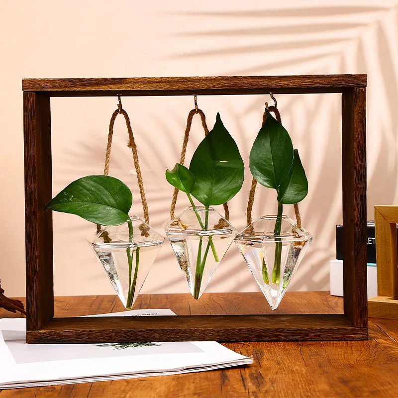 

Cross-border supply DIY hanging vase wooden frame hydroponic dill plant vase decorative glass vase