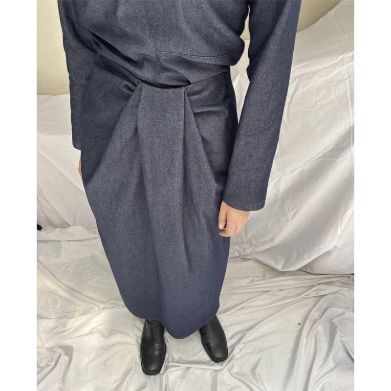 

Свободная прямая джинсовая юбка синего цвета для женщин, повседневная, с высокой талией, плиссированная, весенняя, модная, из смесового хлопка и полиэстера