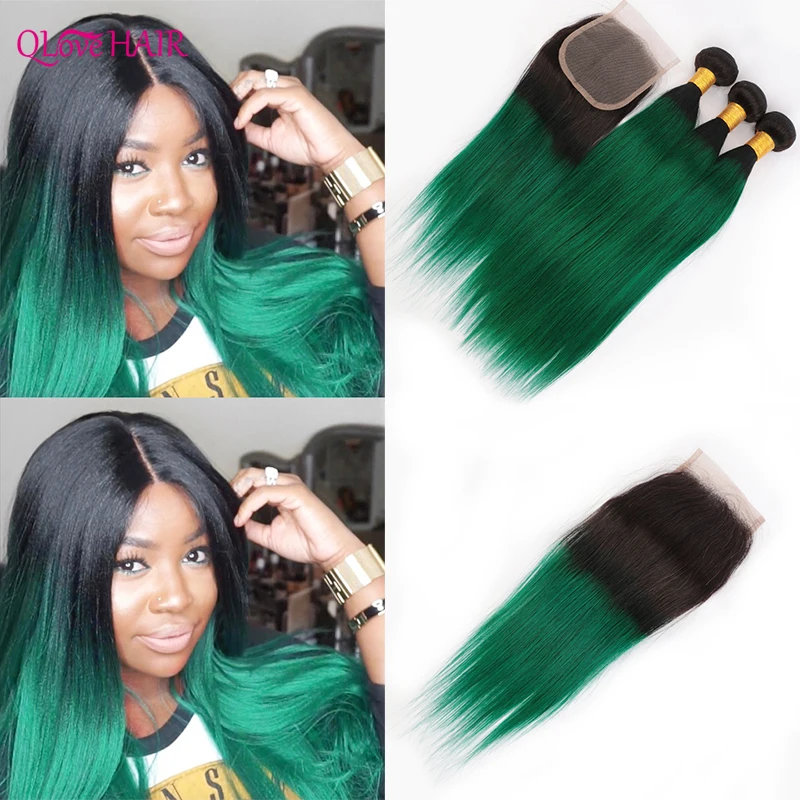 Peruvian Straight Human Hair Bundles With Closure Ombre T1B/Green Remy Hair Bundles 3/4 Pcs Bundles With 4x4 Lace Closure