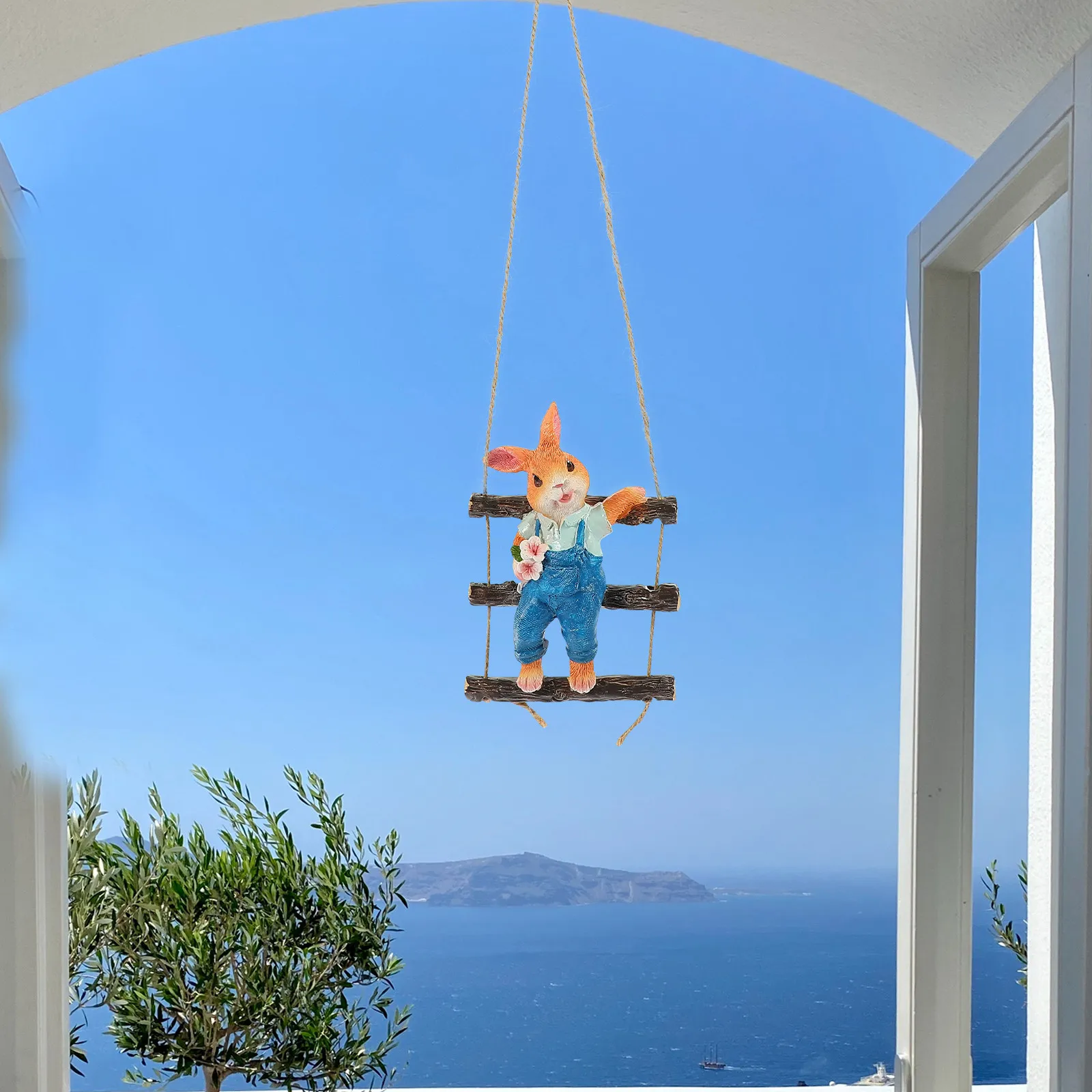 1Set Rabbit-Shaped Resin Hanging Decor with Rope Ladder for Garden Tree Wall Window Room Office Easter Spring Festival Landscape