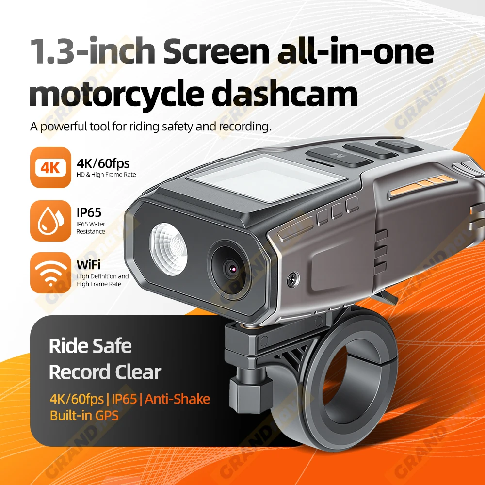 1.3 Inch Motorcycle DVR Dash Cam 4K/60fps IP65 Ride Safe Record Clear Anti-shake Built-in GPS WIFI For Motorcycles Electric Bike