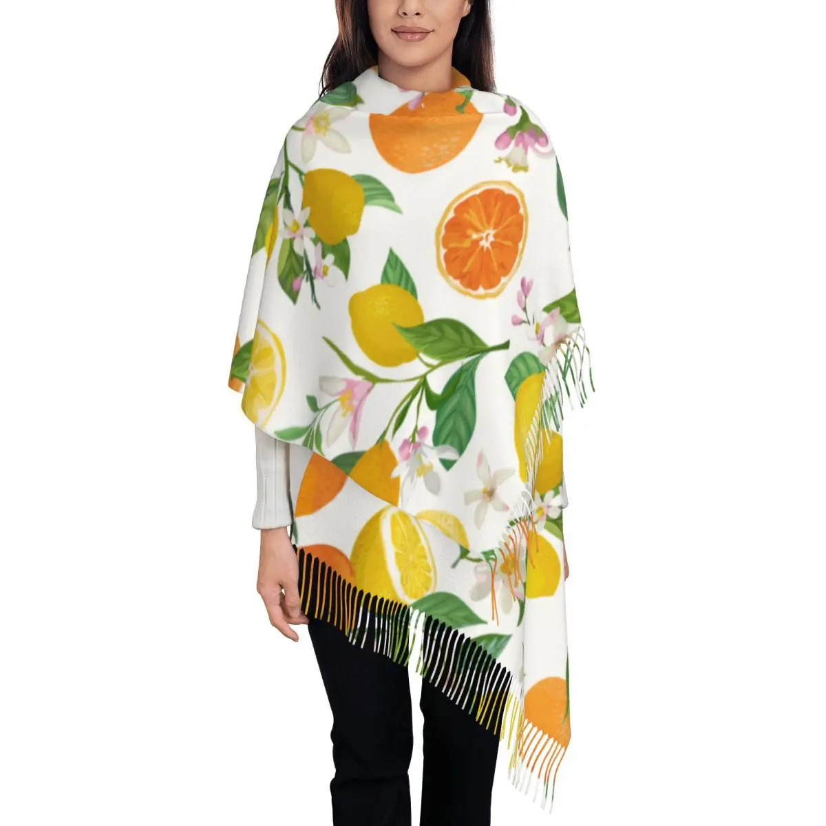 Custom Tropic Fruits Lemon Orange Flowers Scarf Wrap Women Long Winter Warm Tassel Shawl Unisex Scarves