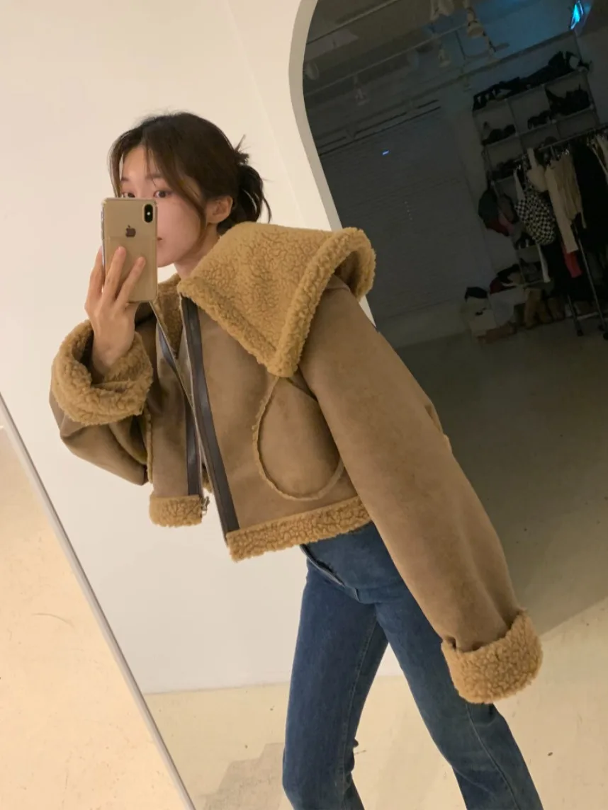 Lamb Fur Collar PU Leather Jaet Women Loose Lazy Sle Fce Lined Warm Biker Clothes Large Collar  hine Waable