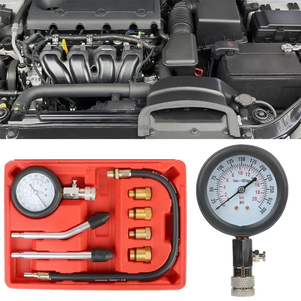 Car Cylinder Tester Kit Gasoline Engine Compression With PSI Case Gauge Storage M10 Meter 0-300 Adapter M14 Pressur J1X0