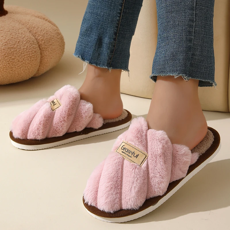 

Flat Heel Home Cotton Slippers Women Pink Soft Fluffy Warm Fur Slippers Woman Winter Light Closed Toe Living Room Shoes Female