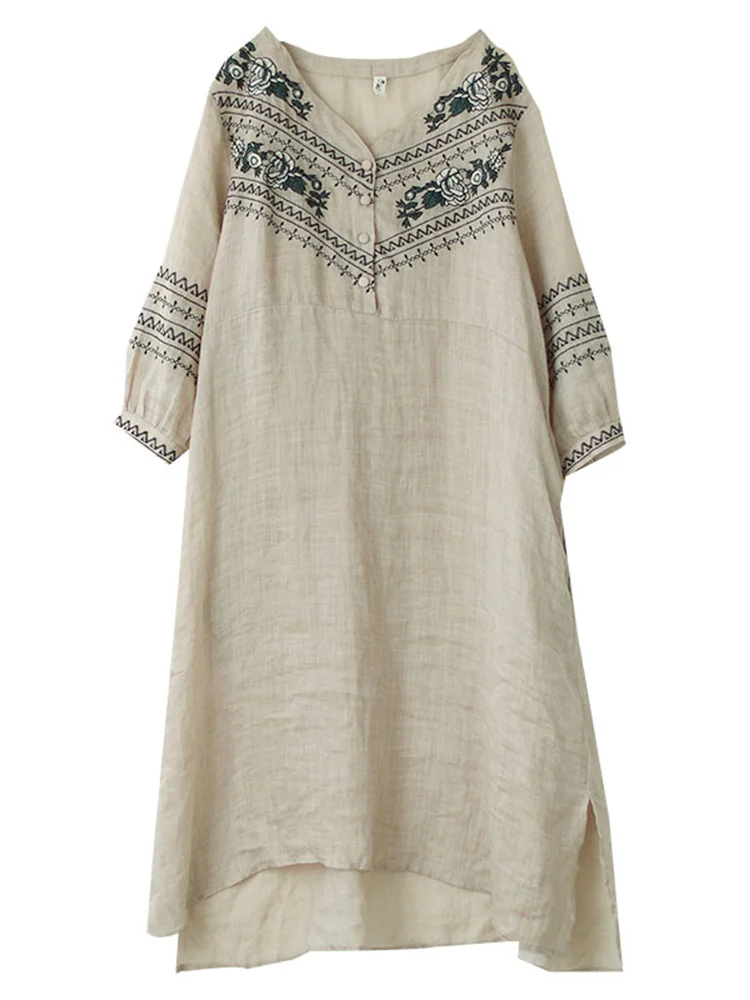 ชุดเดรสผ้าฝ้ายลินินทรงหลวมปักลายดอกไม้ คอวี แขนสั้น ทรงเอ ความยาวปานกลาง เหมาะสำหรับใส่ไปทำงานในฤดูร้อน