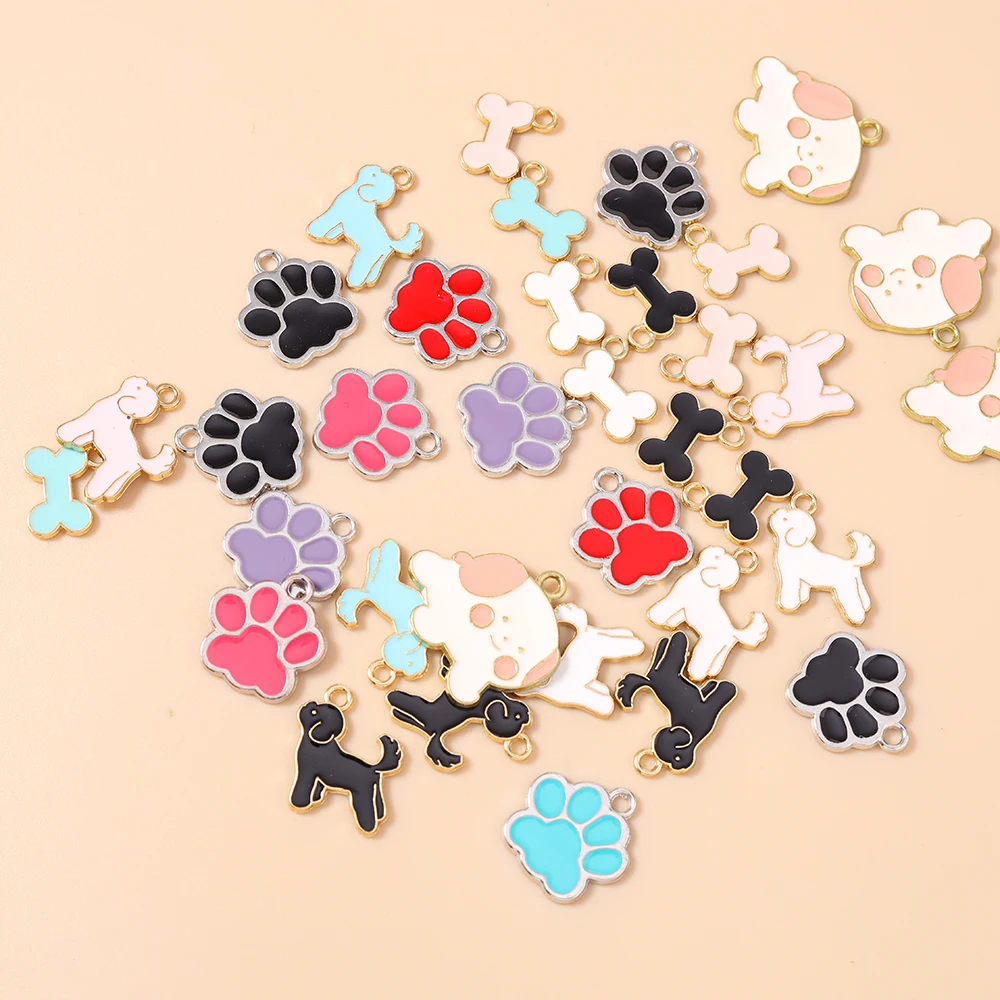 Leslie 10 Stück/Set Emaille Niedliche Katzen- und Hundepfoten-Hundeknochen-Anhänger für Ohrringe, Armbänder, Halsketten, Anhänger, DIY-Schmuckherstellungszubehör – Detail 2