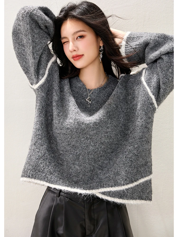 Mulheres camisola arco-íris outono inverno cor-bloqueio curso fungo pulôver de malha o-pescoço botão manga longa topo feminino sw016