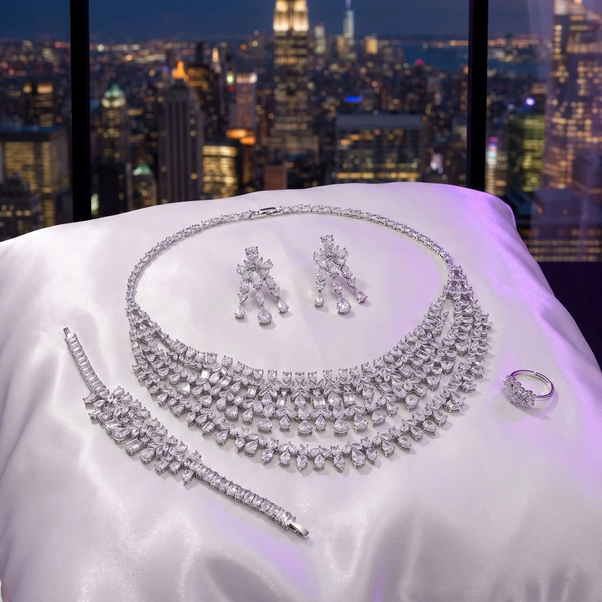 Luxury Shiny Cubic Zircon Bridal Jewelry Set Multi Layer Necklace Earrings Bracelet Ring Statement Women Wedding Christmas Gift