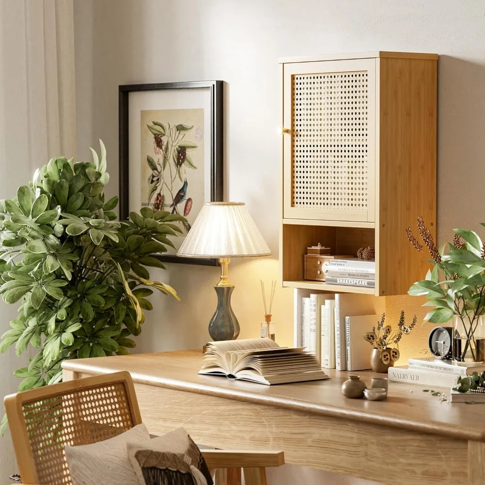 خزانة تخزين من الخيزران فوق المرحاض مع أبواب من الروطان ورف قابل للتعديل، ومنظم خزانة أدوية موفر للمساحة #4