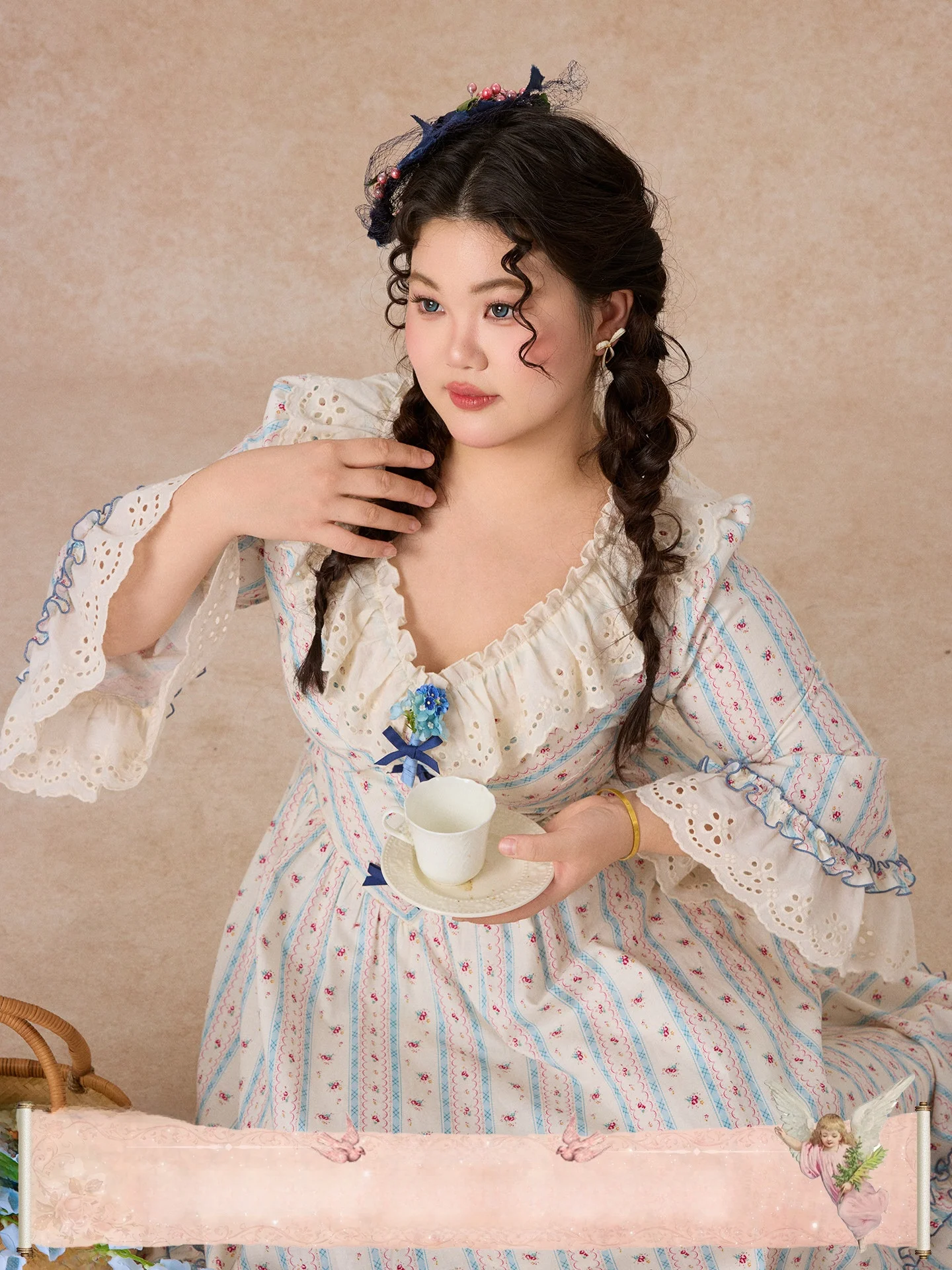 

Длинная повседневная юбка А-силуэта из хлопка с цветочным принтом, V-образным вырезом и молнией, в стиле Versailles Country, больших размеров