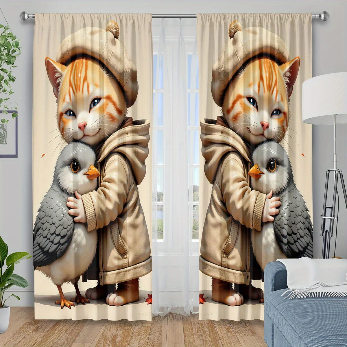 Cute Cat Holding Duck Curtains, Funny Animal Hug Print Blackout Drapes for Kids Room, Warm Cartoon Home Decor