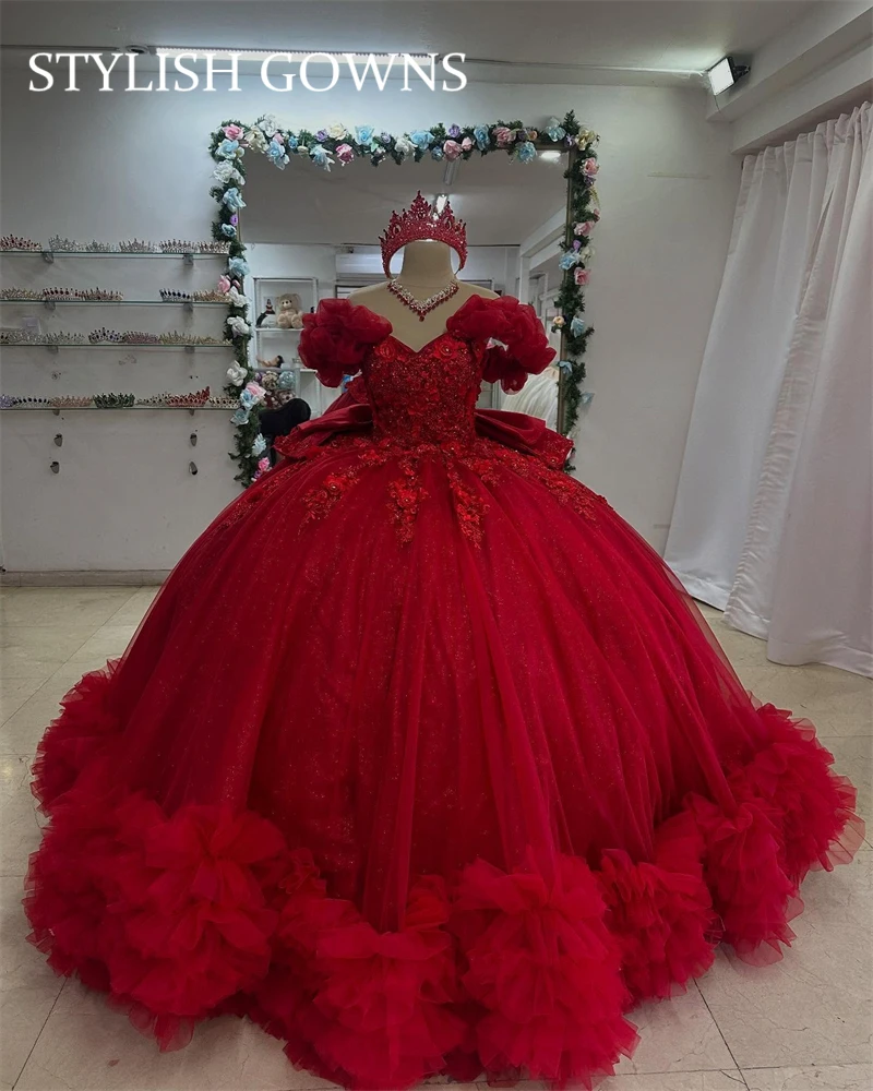 

Новый дизайн, красное платье Quinceanera с открытыми плечами, бальное платье с оборками из бисера, многоуровневое платье с цветочным принтом на день рождения, Vestidos De 15 Años по индивидуальному заказу
