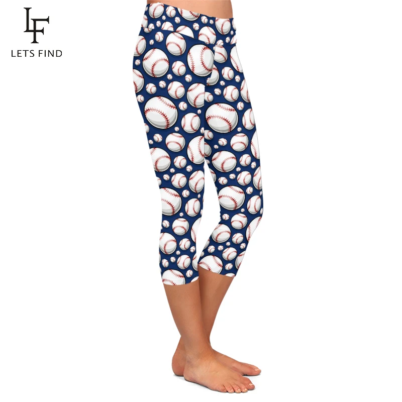 Summer New Arrivals 3D Baseball Print Women Capri Leggings High Waist Double Side Brushed Milk Silk Casual Leggings