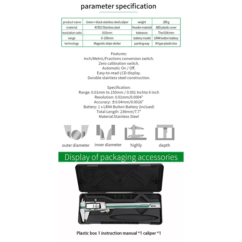 Digital Display Stainless Steel Calipers 0-150Mm 1/64 Fraction/MM/Inch LCD Electronic Vernier Caliper Waterproof