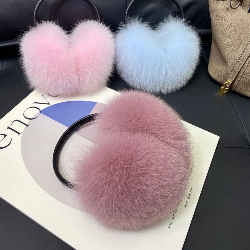 2027 New Winter Natural Real Fox Fur Earmuffs Plush Warm Decorate Women Cute Solid Ear Warmer Headphones Neck Warm Bib Scarf