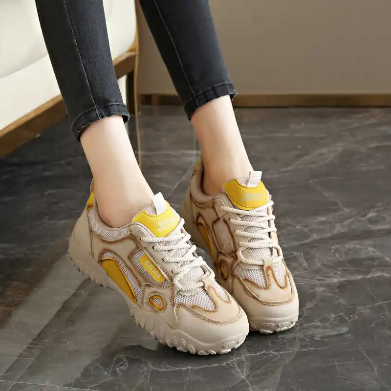 

Желтые кроссовки на плоском каблуке Plataform для женщин, обувь для скалолазания, походные ботинки, женская спортивная обувь, роскошная команда Vzuttya