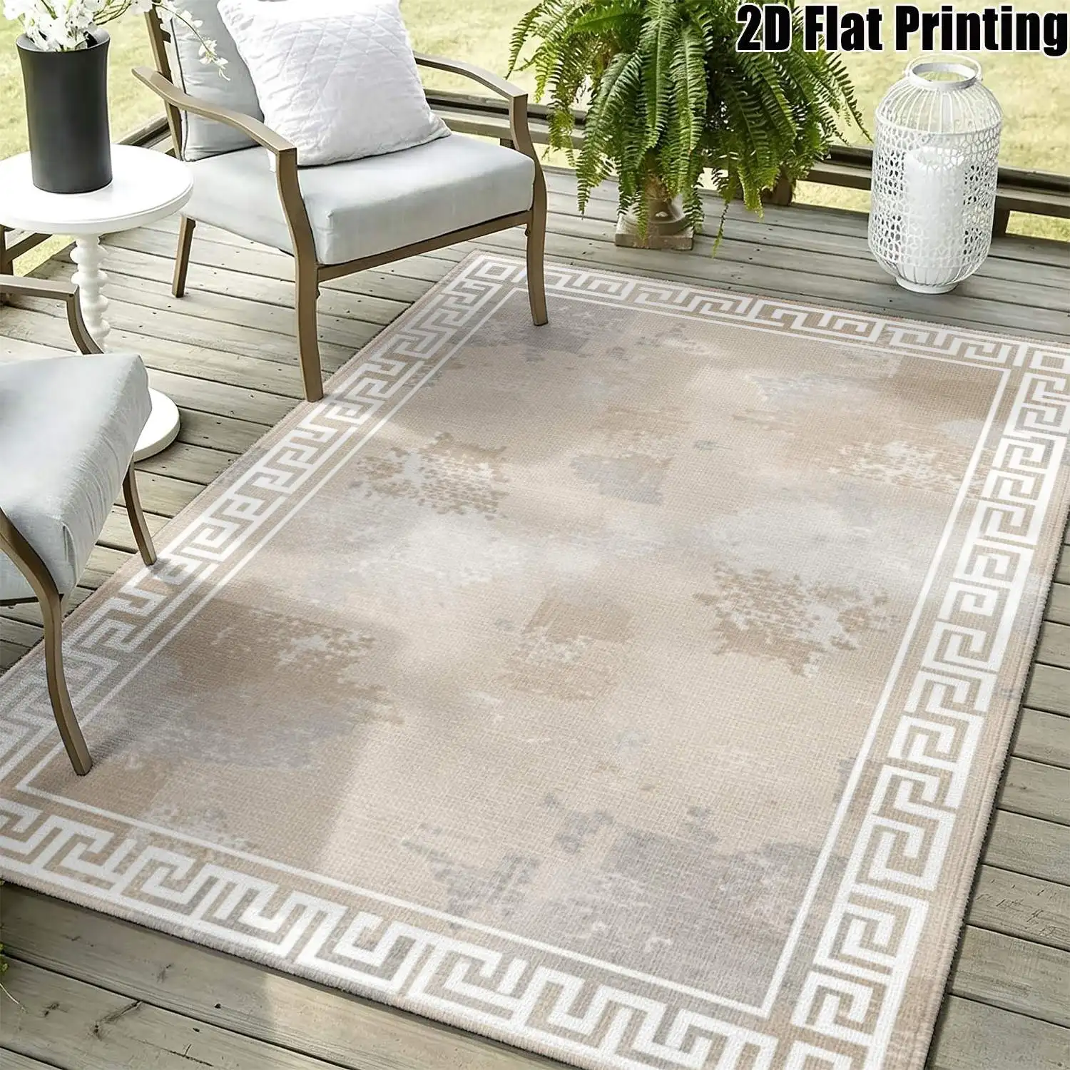 1Pc 2D Printed Carpet: Beige Geometric Border, Nordic/Instagram/Minimalist/European/Vintage Style, Multi-Size, Machine Washable, for Entrance, Dining, Foyer, Bedroom, Living Room Home Decor