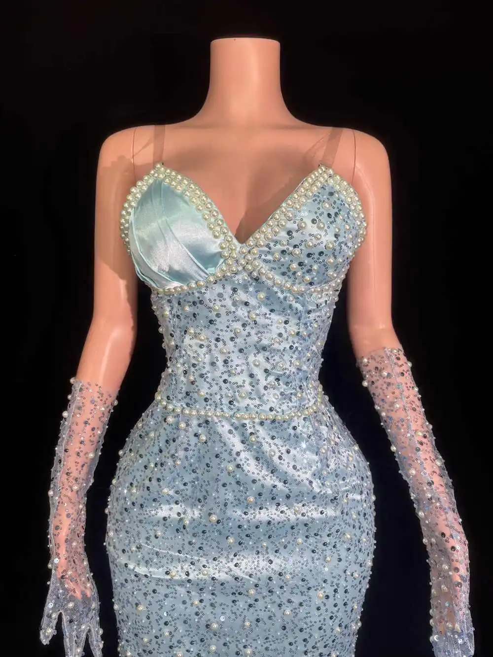 Eleganckie dżetów cekiny perły długa sukienka przezroczyste rękawiczki dla kobiet seksowny wieczorowy bal świętuj sukienkę urodzinową strój do sesji zdjęciowej